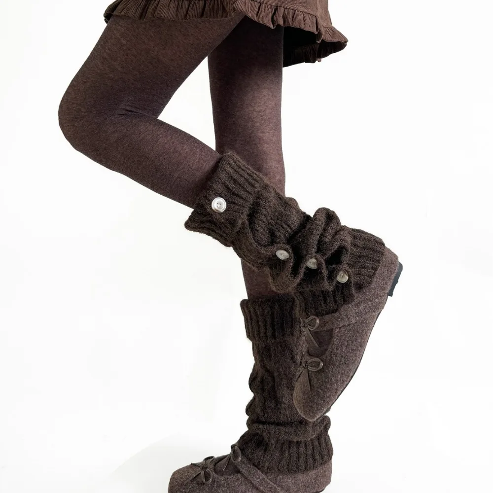 Japanese Style Button Mid Calf Leg Warmers Flip Up Knitted Layered Warm Socks Outdoor Street Shoot Dance Practice Festival Party