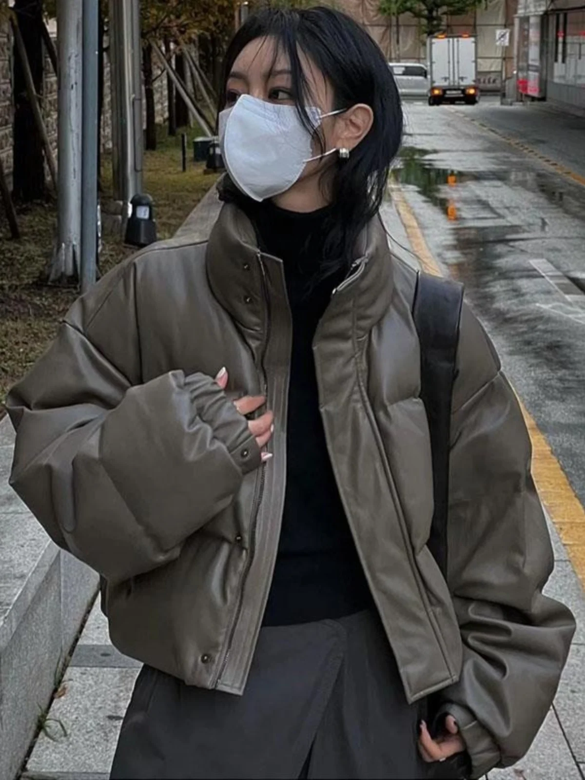 두꺼운 패딩 재킷 한국 스타일 두꺼운 루즈핏 스탠드 칼라 PU 가죽 다운 코튼 재킷 자켓 코트 패딩 재킷