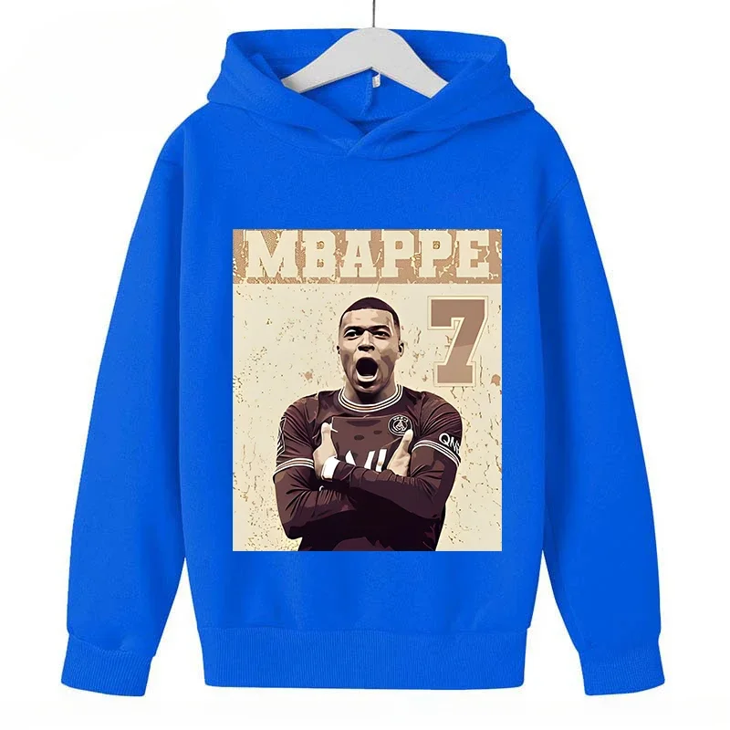 Spring and Autumn Blue Sweatshirt Sports Top for Boys and Girls Mbappe Printed Children's Hoodie Kids Clothes Girls Hoodies