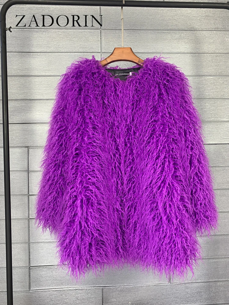 ZADORIN-Manteau mi-long en fausse fourrure de mouton pour femme, veste moelleuse à manches longues, manteau noir et rose, document Candy, mode
