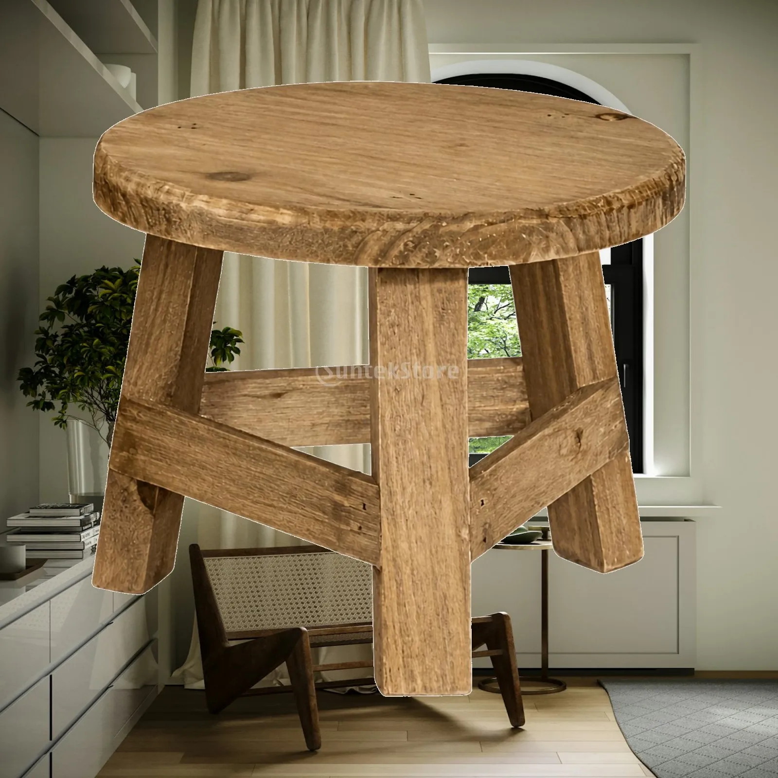 Natural Wood Stool Compact Plant Stand for Patio Balcony Kitchen Counter Decor