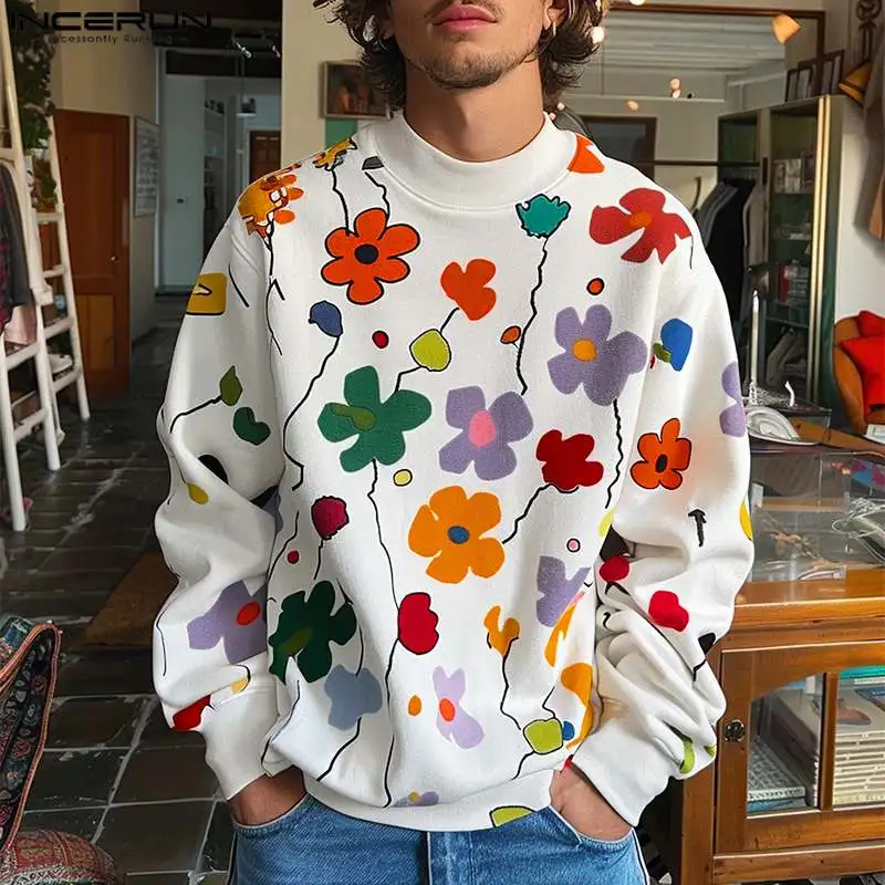 INCERUN 2024 Men Fashion Clothing Colorful Floral Print Pullover Sweatshirts Casual Streetwear Personality Long Sleeved Sweaters