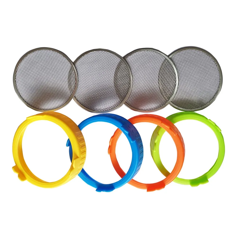 4pcs Plastic Ring Sprouting Lids Colorful Stainless Steel Screen Mason Jar Lids Tight Seal 86mm Wide Mouth Seed Sprouting Lids