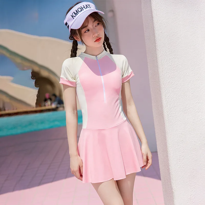 Women's New Zipper Sports Fashion Short-sleeved Professional One-piece Swimsuit