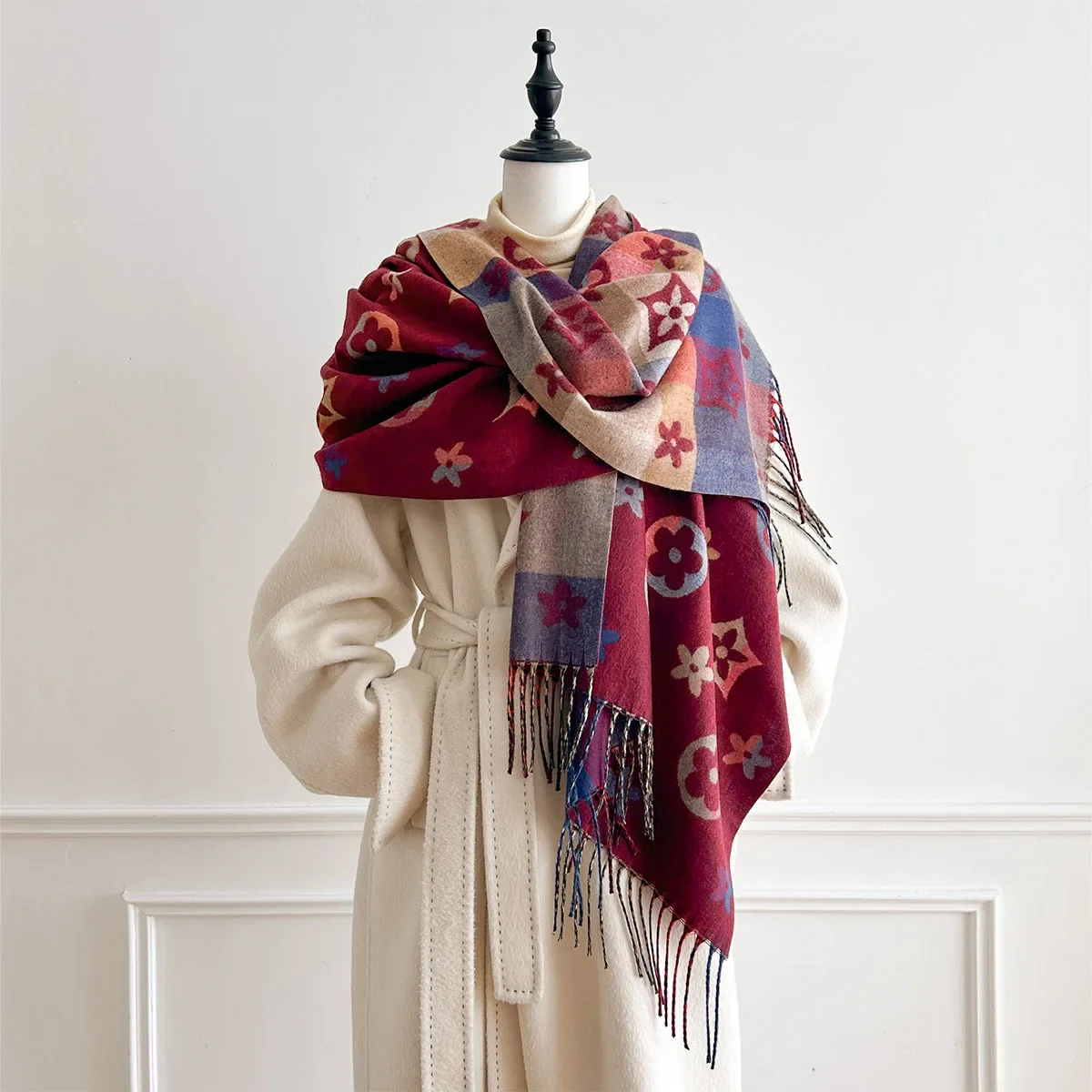 2027 New Fashion Scarf Women High-end Sense Versatile Warm Imitation Cashmere Shawl Winter Simple Floral Double-sided Wraps