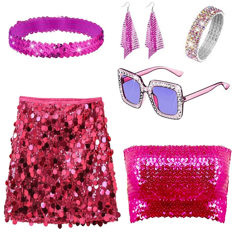 6 Pcs 70s Disco Accessories Women Costume Jewelry Disco Earrings Sequin Scarf Sunglasses Diamond Bracelet Headband Skirt