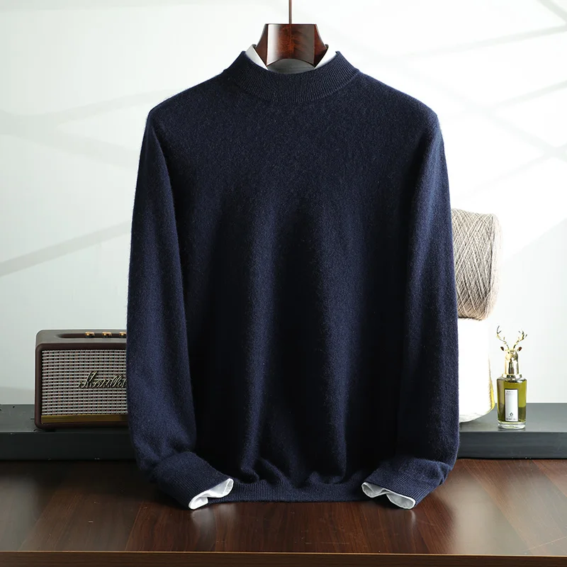 New {100% Cashmere} Men\'s Cashmere Hot Selling Half High Collar Casual Solid Color Knitted Sweater for Men