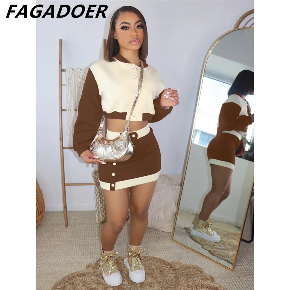 FAGADOER Winter Fall Outfits Women Patchwork Baseball Coat + Mini Skirts Sets 2 Piece Sets Womens Outfit Casual Streetwear Y2K