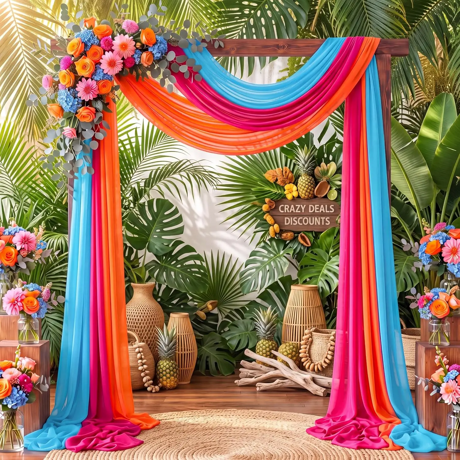 3pcs Sheer Chiffon Wedding Arch Draping Hot Pink Orange Blue Backdrop Curtain Voile for Sunset Party Bridal Shower Decoration