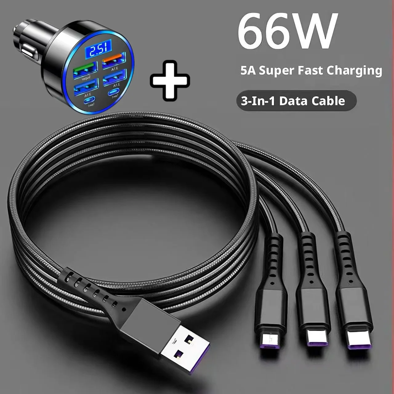 6 Ports Car Charger Digital Adapter With 5A 3 In 1 Super Fast Charging Cable Multi-device Charging Kit For iPhone Samsung Xiaomi