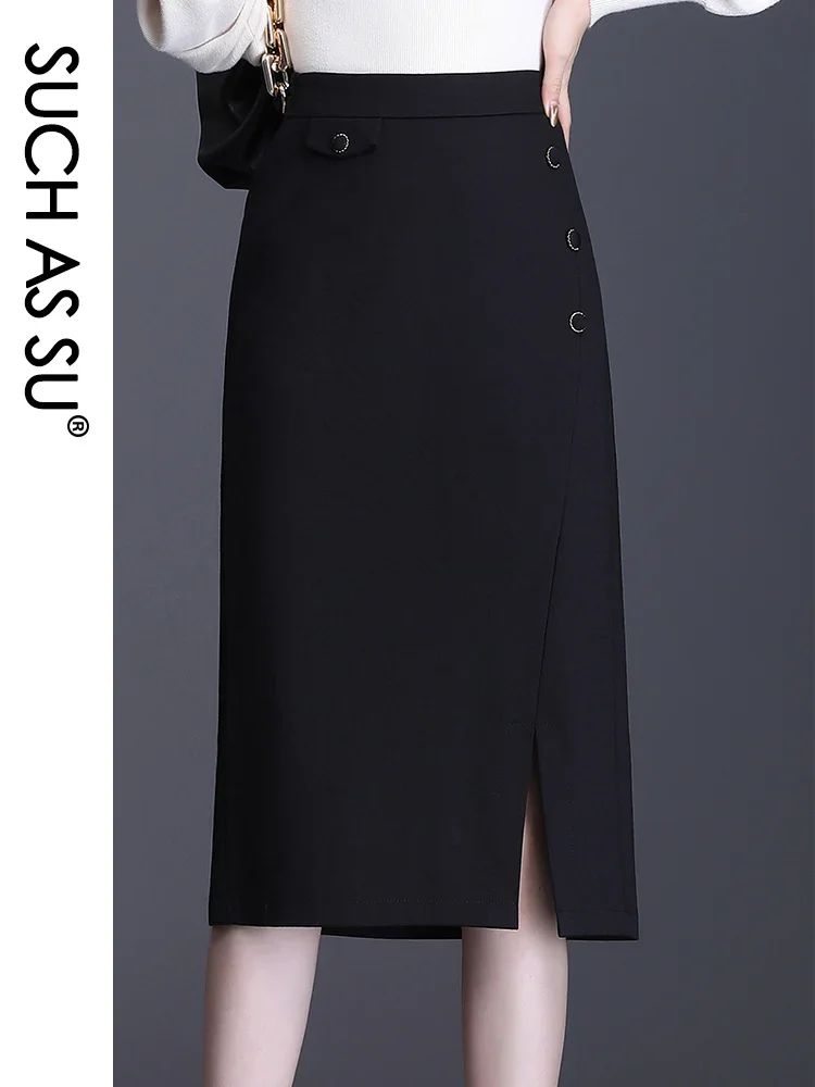 Fall Winter Pencil Skirt Women 2023 Black Knitted fabric High Waist Skirt  S-3XL Plus Size Buttons Split Mid Long Skirt Female