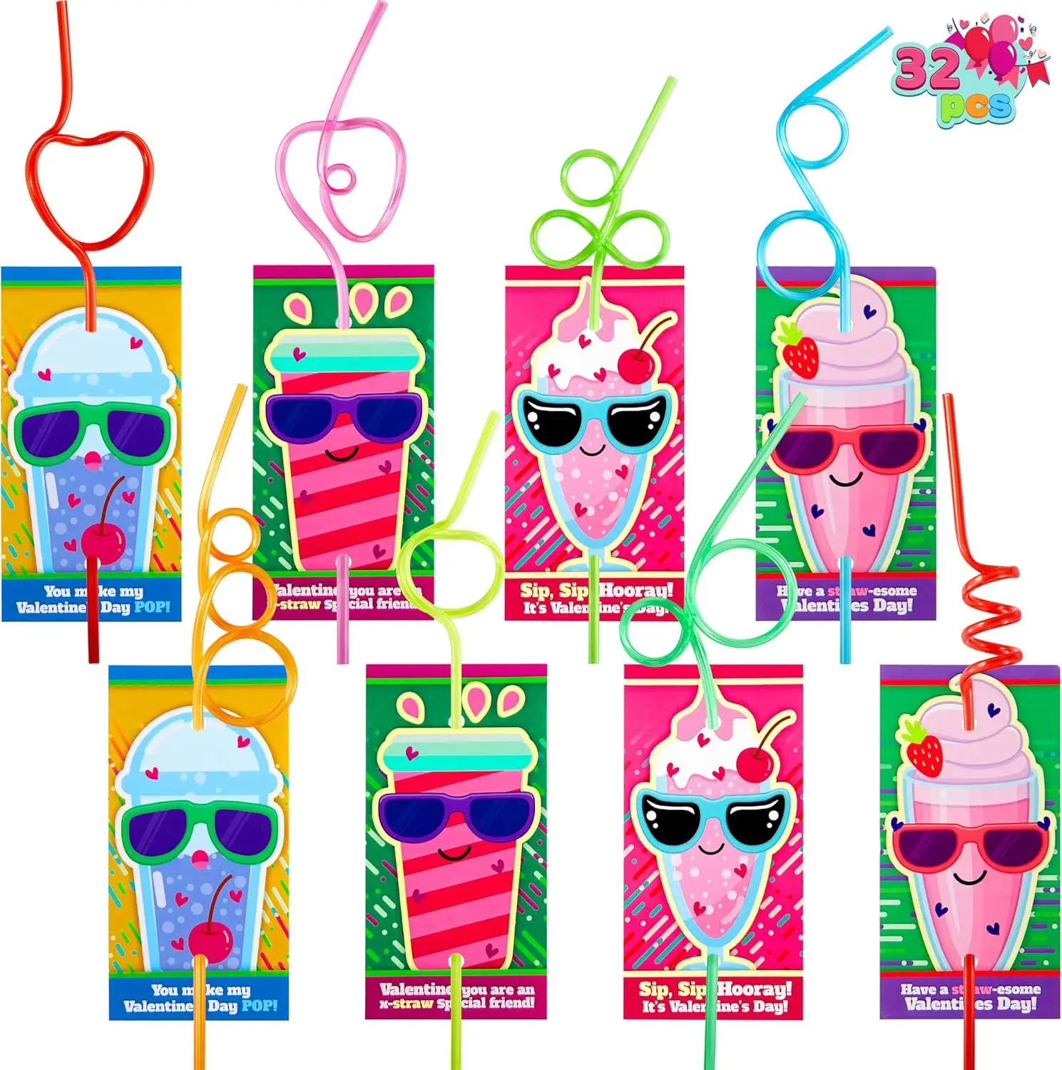 

Набор из 32 разноцветных многоразовых соломинок ко Дню святого Валентина с карточками, для детей, призов в классе, сувениров для вечеринок