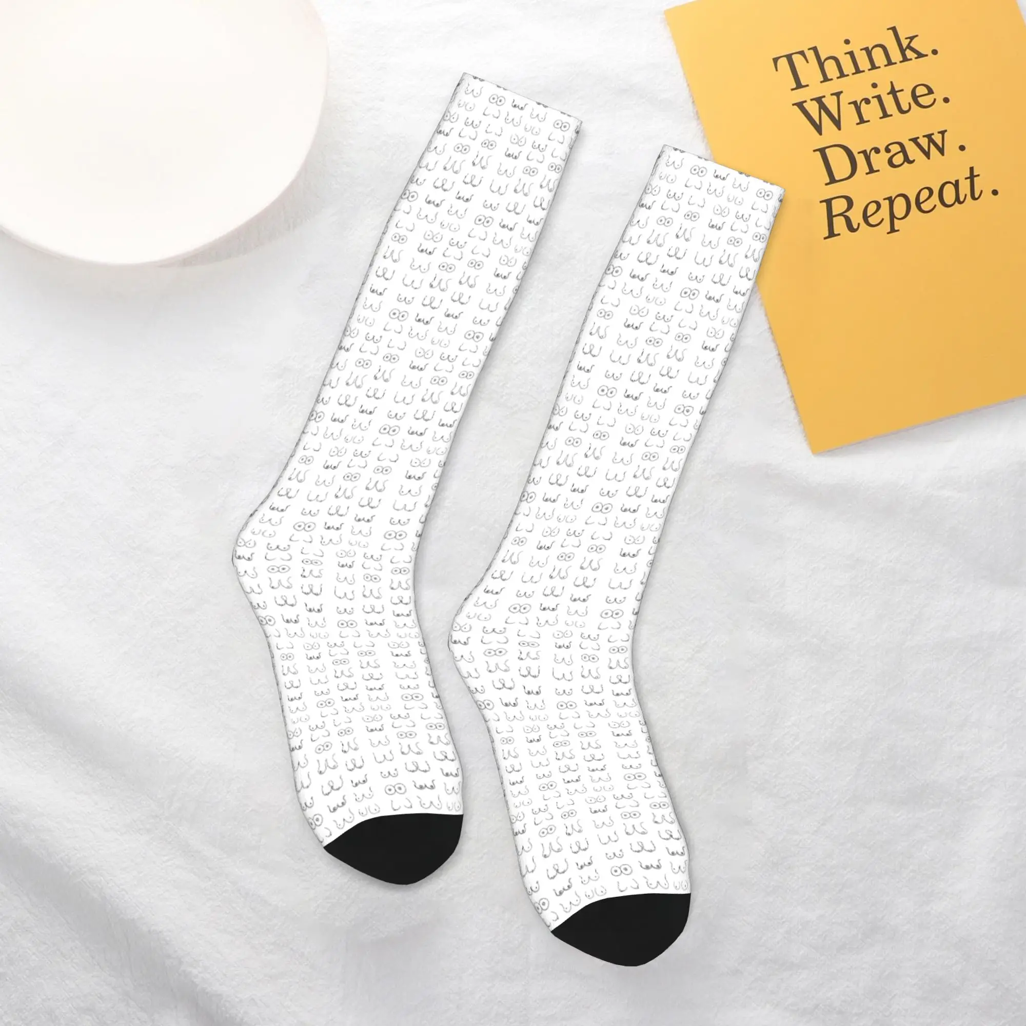 

All Seasons Crew Stockings Black and White Tits Drawing Socks Harajuku Fashion Hip Hop Long Socks Accessories for Men Women