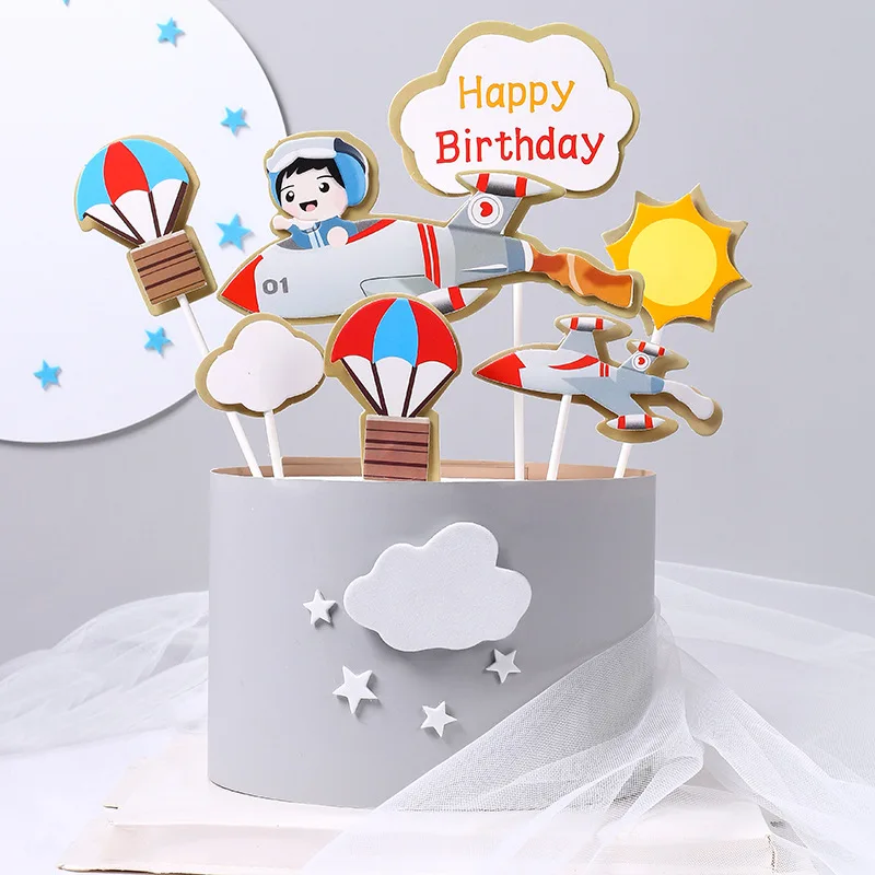 Happy Birthday Cake Topper Pilot Plane Car Tree Clouds Anniversaire Decor Flag Party Baking Supplies Cupcake Toppers Baby Shower