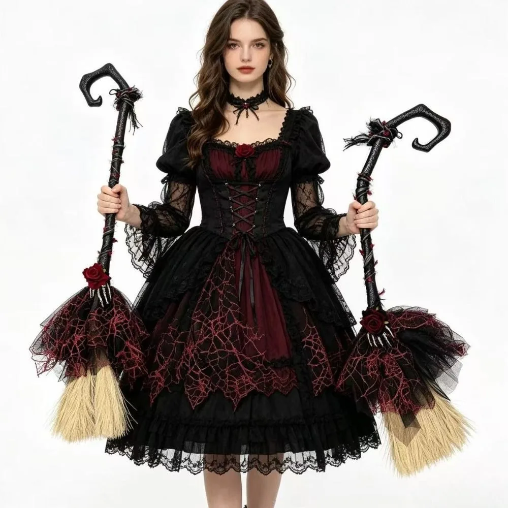 Deluxe Gothic Style Witch Broom Black Tulle Plastic Material Cosplay Props Red Rose Lolita Style Magic Wand Carnival Dress Up 4
