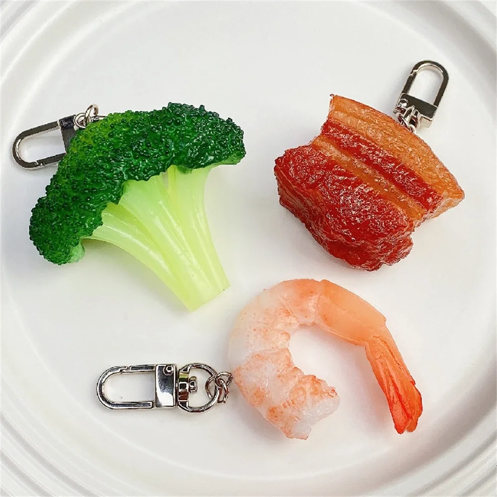 Creative Braised Pork Broccoli Ribs Keychain Simulation Food Chicken Wings Beans Clip Kelp Shrimp Pendant Keyring Bag Ornaments