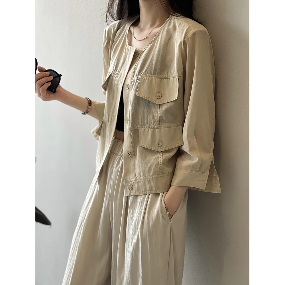 

Women Clothes Solid Color Simple Round Neck Sunscreen Short Shirt 2024 Summer Girls New Korean Thin All Matching Loose Shirt