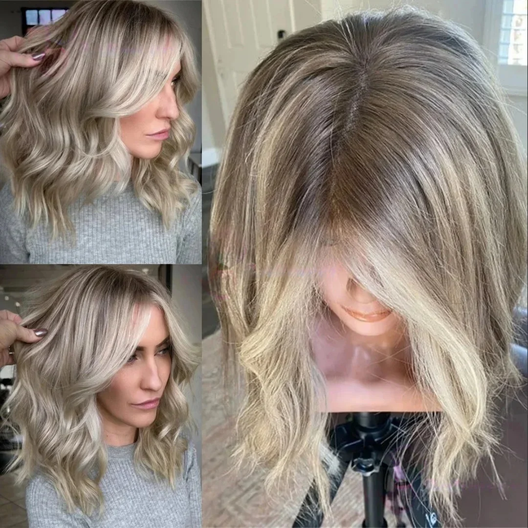 Perruque synthétique courte ondulée blond cendré avec mèches, sans colle, frontale en dentelle 13x4, pré-épilée, cheveux doux pour femme, usage quotidien