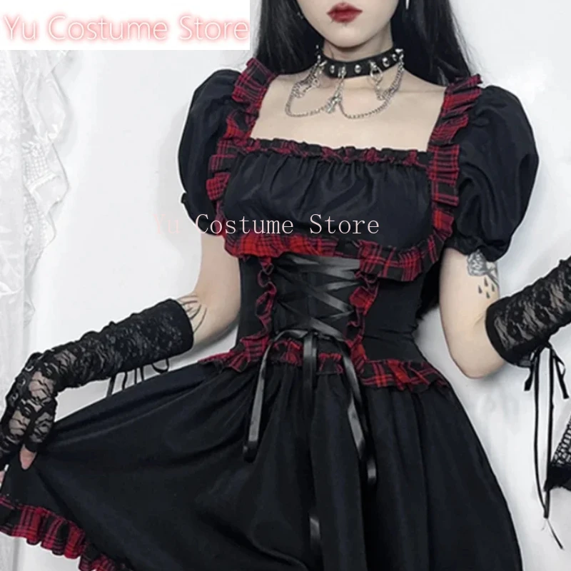 

Yu CostumeCute Sweet Gothic Lolita Dress Women Streetwear Harajuku Dark PunkCosplay Red PlaidHem High Waist Bandage Corset Dress