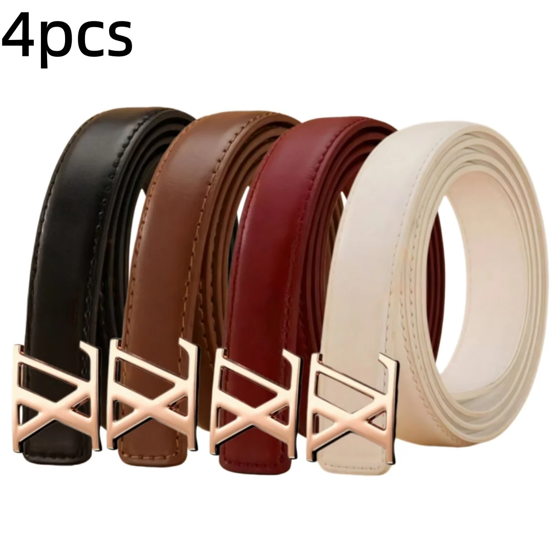 4Pcs Women Casual PU Waistband Classic Linked‑Ring Metal Buckle Multi‑Color Belt For Dress Jeans Daily Clothing Decoration