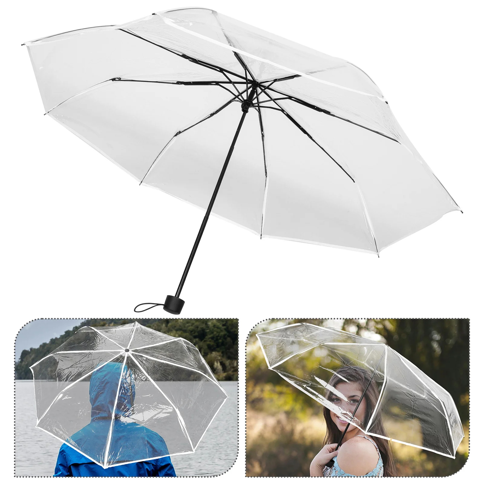

Fully Automatic Folding Transparent Umbrella White Edge Wooden Handle Compact Windproof Travel Lightweight Small Size Storage