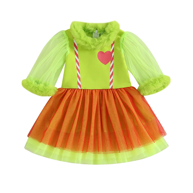 

Girls Christmas Dress Long Sleeve Tulle Princess Dress for Toddler Baby Winter Clothes Cute Contrast Colors Mesh Dress