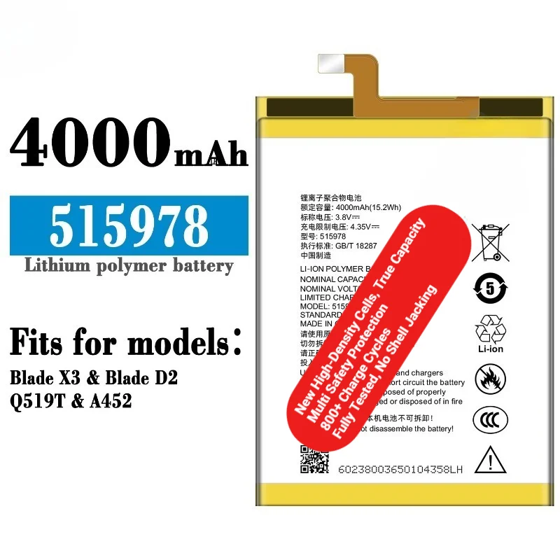 515978 for ZTE Blade X3/D2/Q519T/A452 Phone Battery Original   High Capacity Battery Replacement Bateria Grade A Cell with Tools