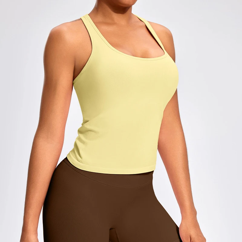 SHINBENE 2in1 Padded Scoop Neck Workout Gym Tank Tops Seamless Compression Racerback Vest Body Shaper Tank Top image 2