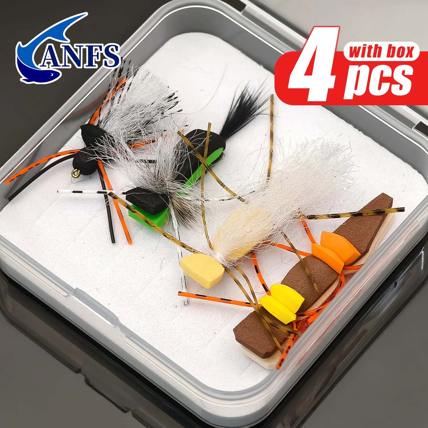 ANFS 4pcs Dry Fly Fishing Flies Assorted Design- Hand Made Foam Flies, Terrestrial Flies, Fly Hooks