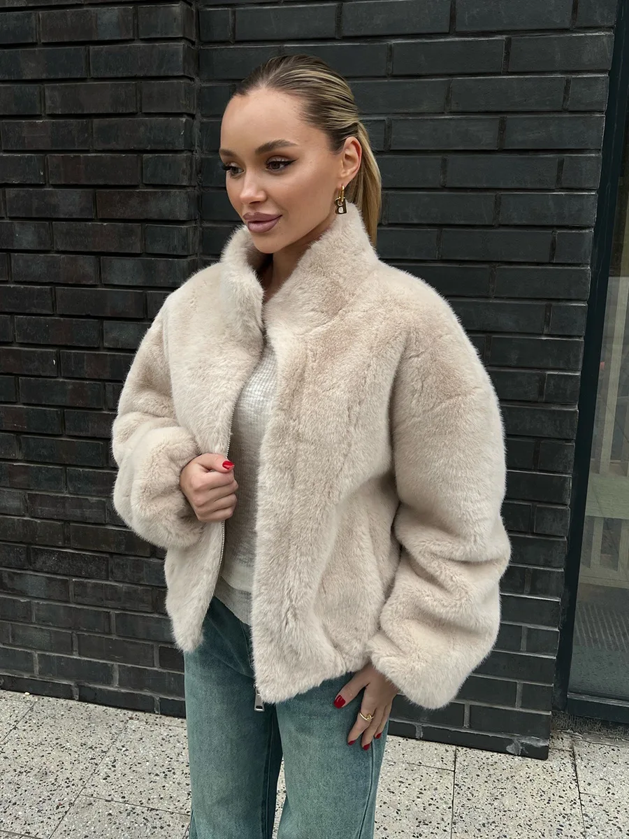 Bornladies nouvelle veste en fausse fourrure pour femme fermeture éclair chaud manteau en peluche surdimensionné doux moelleux col montant automne hiver veste décontractée