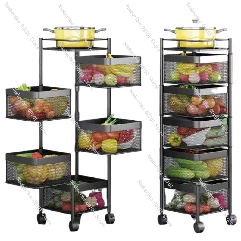 3/4/5 Tier Rotating Storage Baskets Rack Stackable Metal Basket Kitchen Storage Shelf Cube Fruit Vegetable Organizer With Wheels