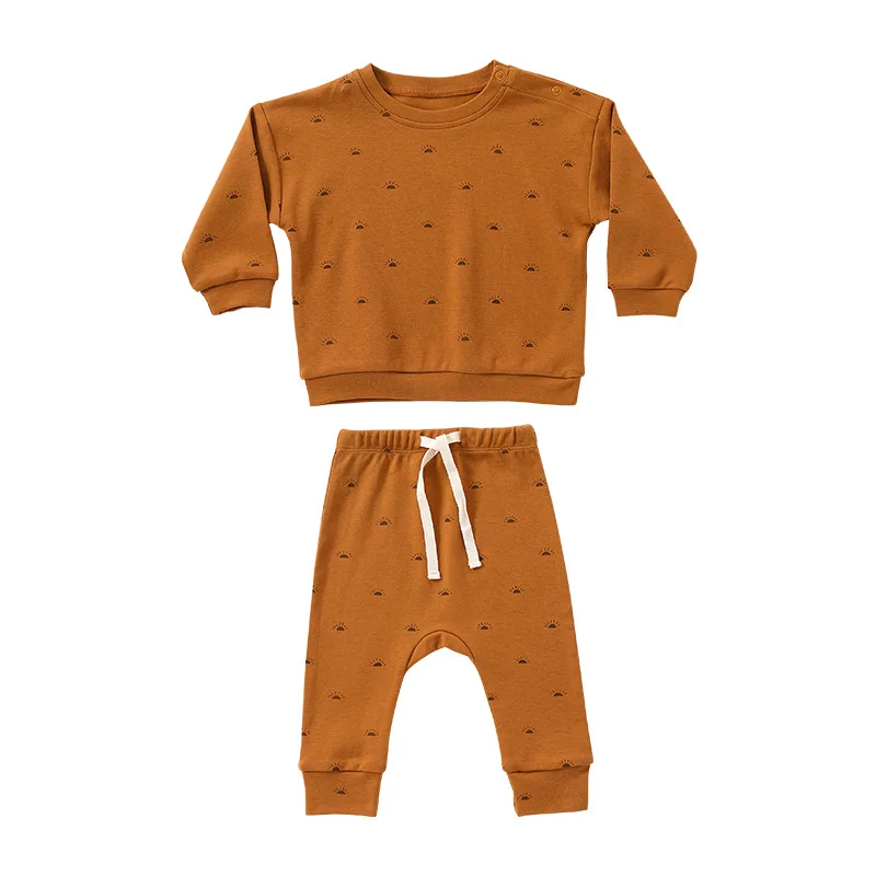 2024 Spring Autumn Newborn Boy 2PCS Clothes Set Floral Fragment Print Pullover Ruched Cotton Stretch Pants Suit Baby Boy Outfits