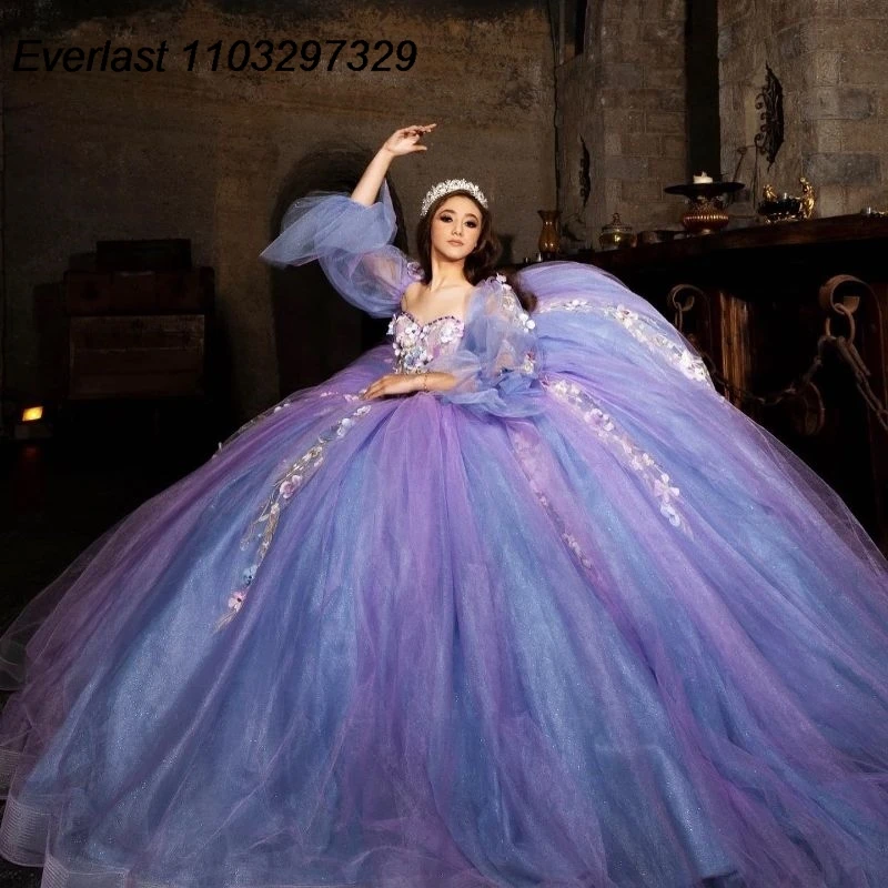 EVLAST Customized Lavender Quinceanera Dress Ball Gown 3D Flowers Applique Beading Sweet 16 Vestidos De XV 15 Anos TQD697