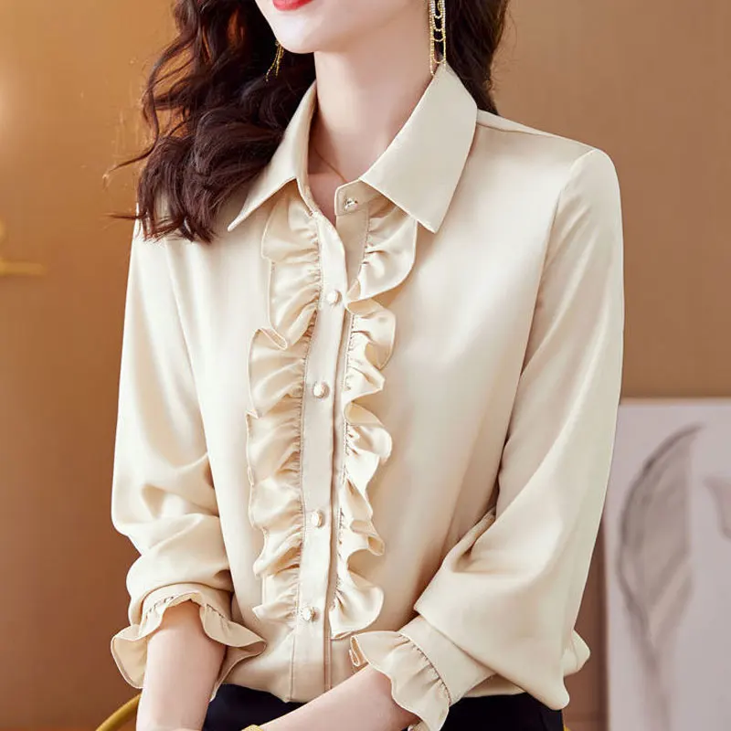 Women\'s Clothing Solid Color Ruffles Patchwork Blouse Spring Autumn New Elegant Single-breasted Commute All-match Straight Shirt