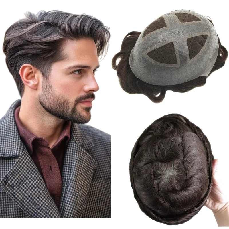 

Cross Over PU Toupee For Men Human Hair | Custom Lace In The Middle Cross PU Base Hairpiece, Strong Hold Hair Replacement System