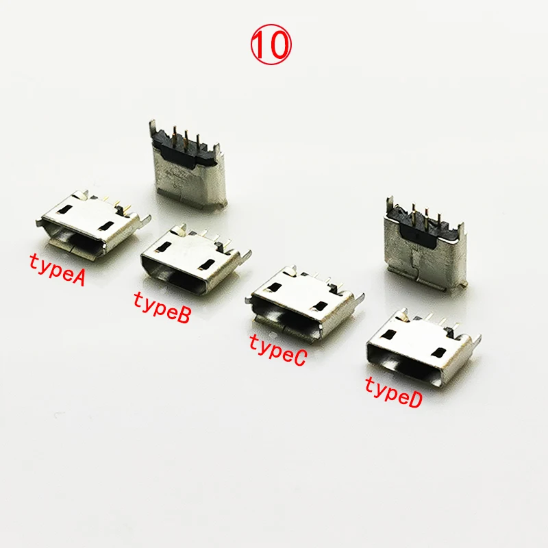 10PCS Micro USB 2.0 Connector 180° Straight 5Pin Direct Plug-in  AB or B Type Female Socket Jack Curled/Flat Mouth