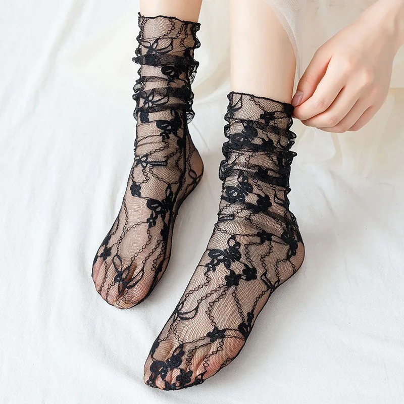 Black Floral Mesh Lace Medium Socks Women\'s Sexy Hollow Stockings Japanese Lolita Charm Girls White Princess Hosiery Sox