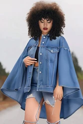 Veste en jean fendue pour femme, col chemise, manches cape, bleu clair, grande taille, décontracté, automne, hiver