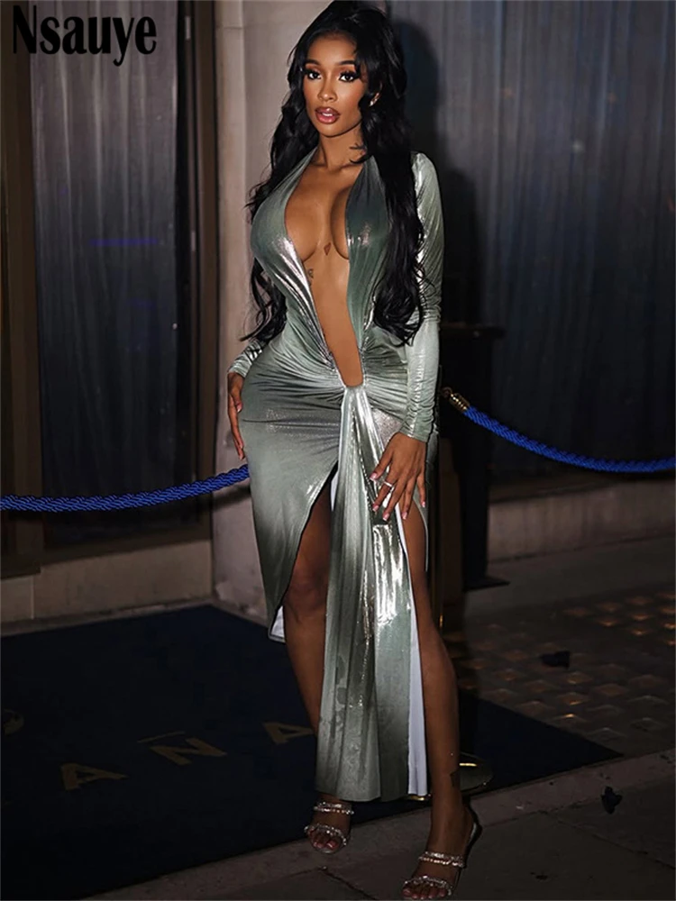 Nsauye Vrouwen Elegante Sexy Laag Uitgesneden Tie Dye Print Lange Mouw Avondjurk Party Night Club Outfits Hoge Split Jurk 2025