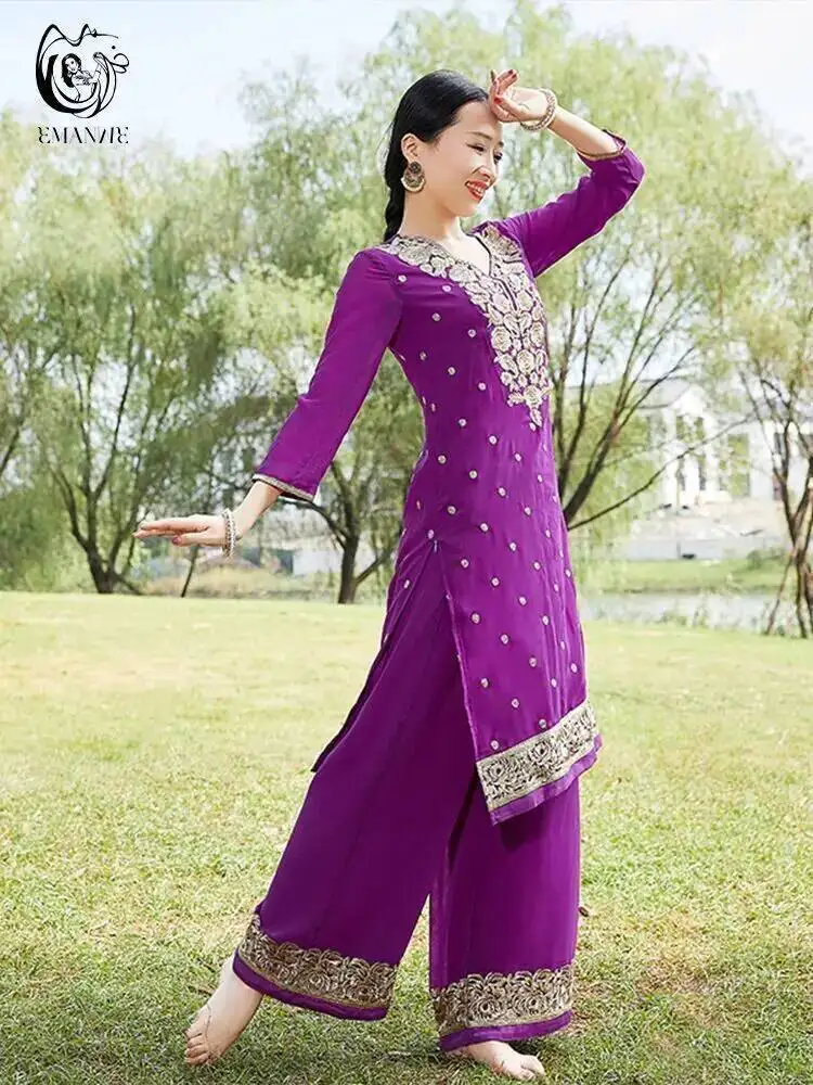 Vestido de dança indiana exótica estilo étnico feminino traje étnico diário sari lado shelby calças conjunto de duas peças