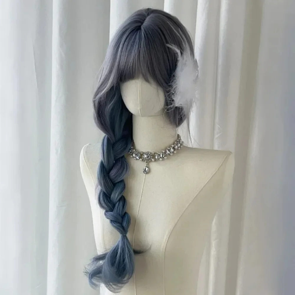 Ashely Wig for Women Long Curly Wave Haze  Blue Wigs with Bangs 24inch Natural Simulation Fluffy Lolita Wig for Cospay Daily Use