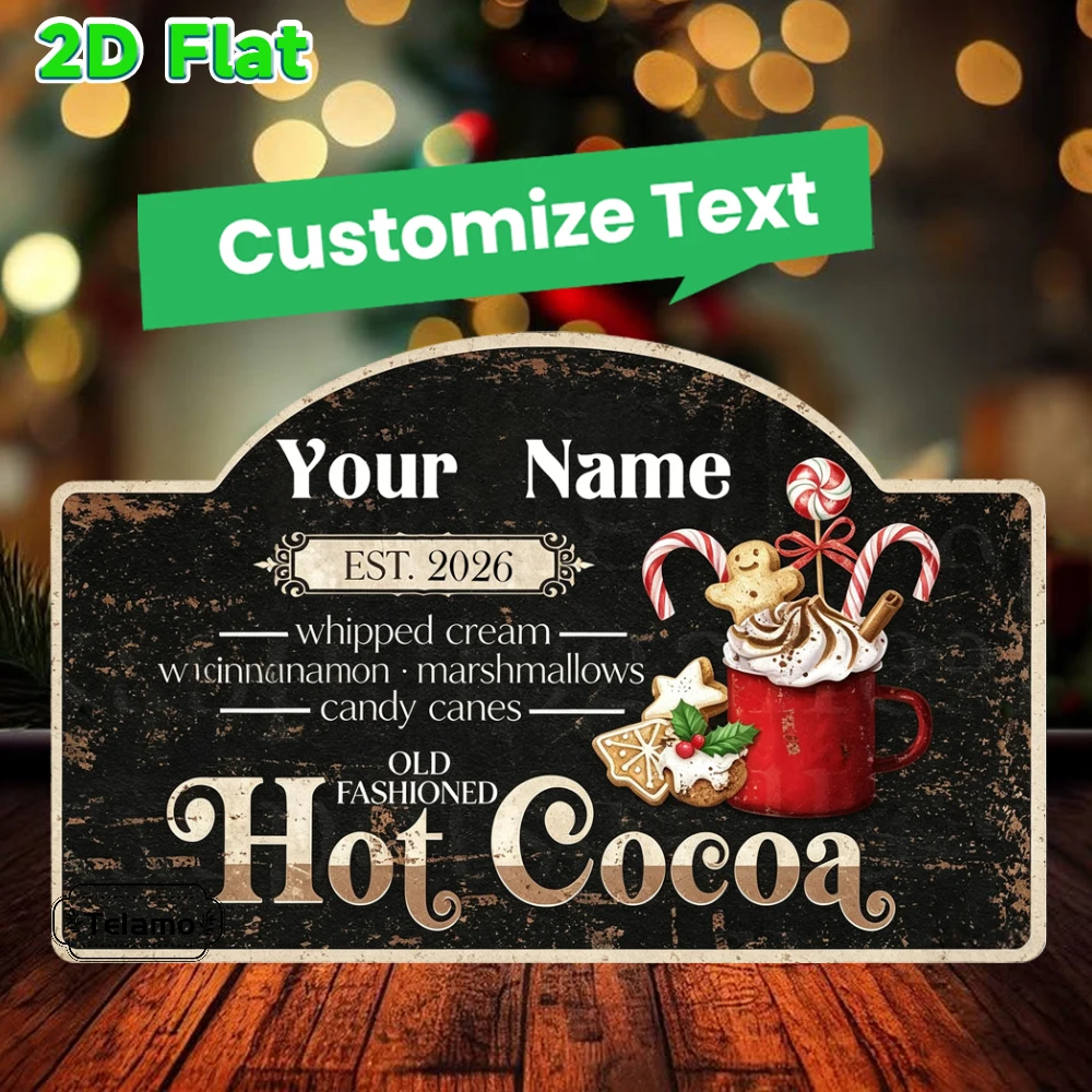 Custom Text Arched Metal Sign, Vintage Hot Cocoa Mug Graphic, Holiday Decor, Kitchen Living Room Wall Decor, Indoor Outdoor Holi