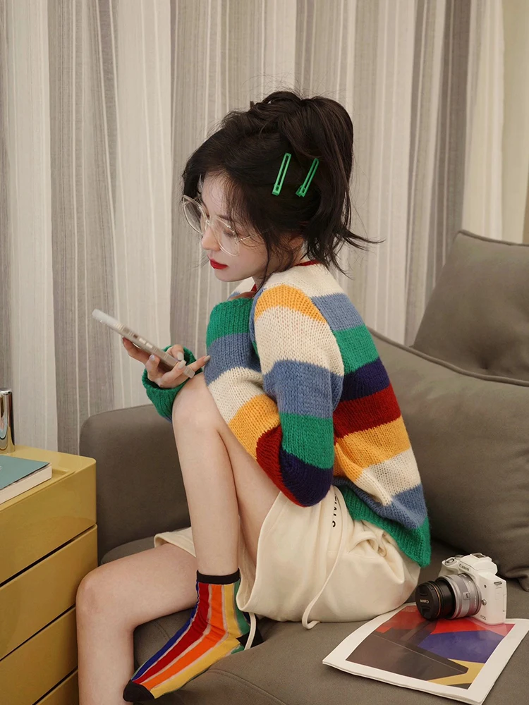 retro-hong-kong-chic-rainbow-stripes-knitted-sweater-women's-loose-round-neck-open-cardigan-trendy-top-for-autumn-winter