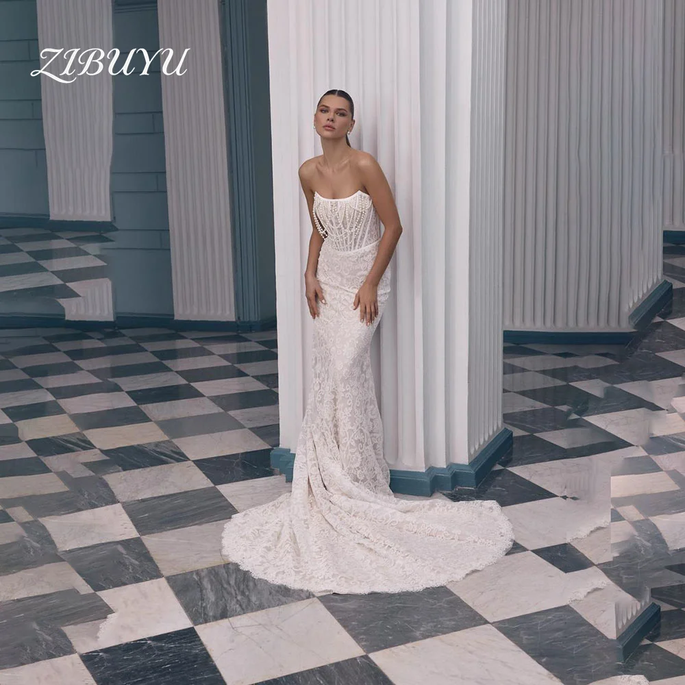 

ZIBUYU Customized Elegant Luxury Wedding Dress Strapless Sleeveless Backless Embellished Corset Bodice Lace Mermaid Bridal Gowns