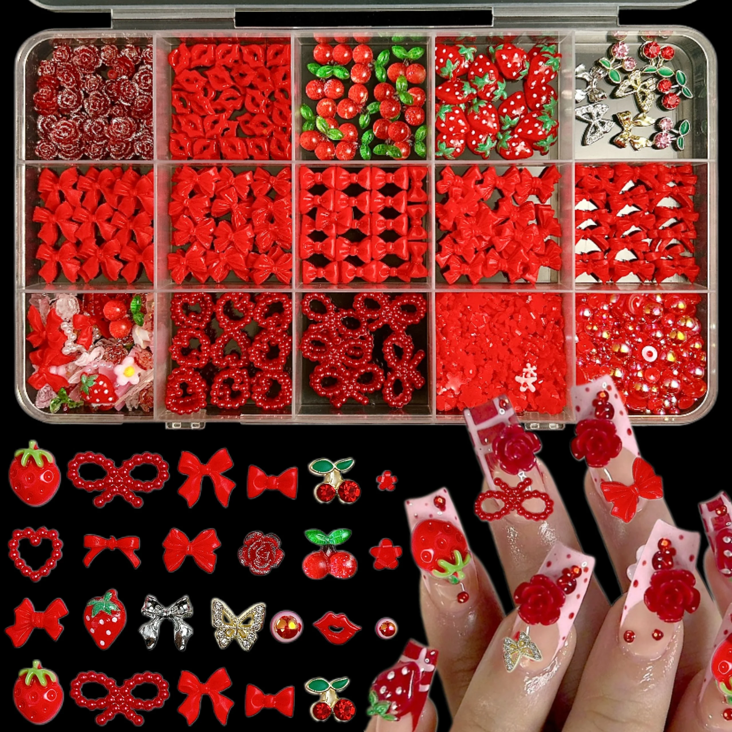 1Box Hollowed Realistic Pearl Heart Pentagram Nail Charms Sweet Wind Ribbon Bows Rainbow Mixed Resin Nail Art Decorations DIY