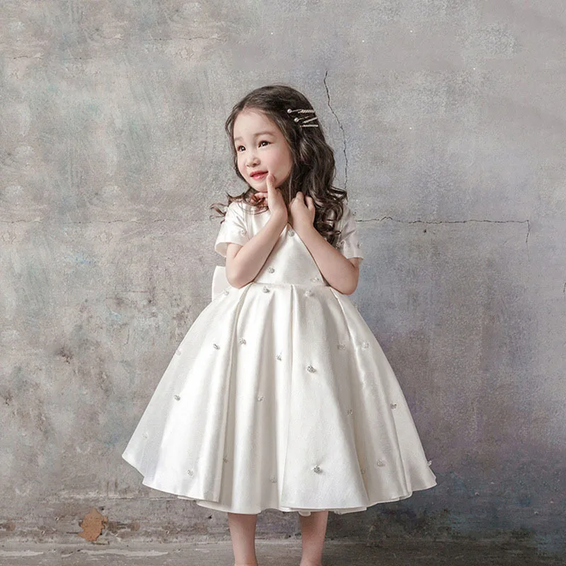 2024 Summer Vintage White Princess Dress Lace Flower Girl Puff Sleeve 1st Birthday Party And Wedding Gown For 2 3 4 5 6 7 Years