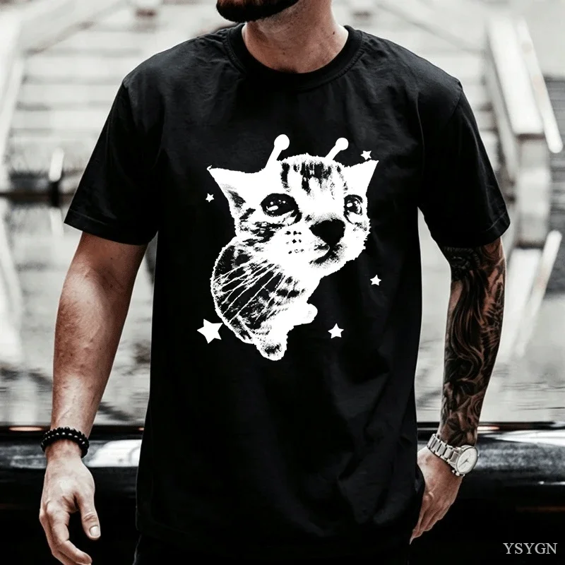 Y2K Alien Cat T-Shirts Meme Retro Silly Cat T-Shirt Vintage Kitty Funny T-Shirt Men Women Cotton Grap Harajuku Oversized T Shirt