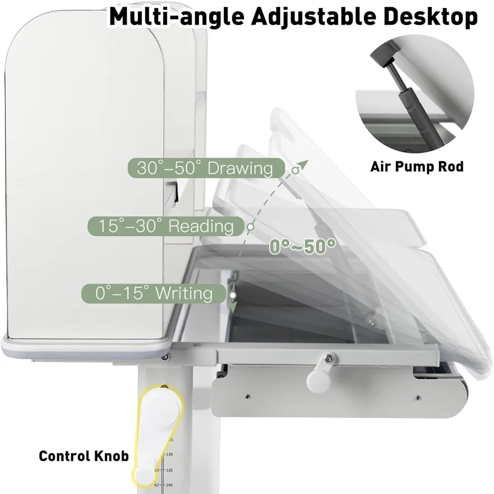 Adjustable Kid's Desk with Storage Hutch and Drawers, 47 Wide Multifunction Ergonomic Study Table, featuring Tilt Function