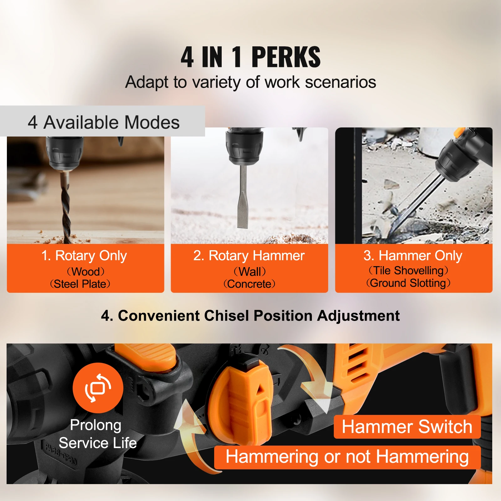 VEVOR 800W Rotary Hammer Max Drilling 26mm 4Modes SDS-Plus Corded Chipping Concrete Breaker Electric Demolition Impact Drill