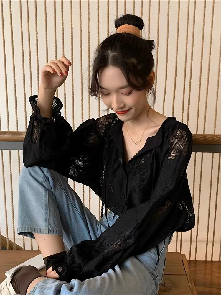 

Сексуальный кружевной ажурный фонарь Sve irt, корейский Sle, женский модный воротник-стойка, длинный све айс